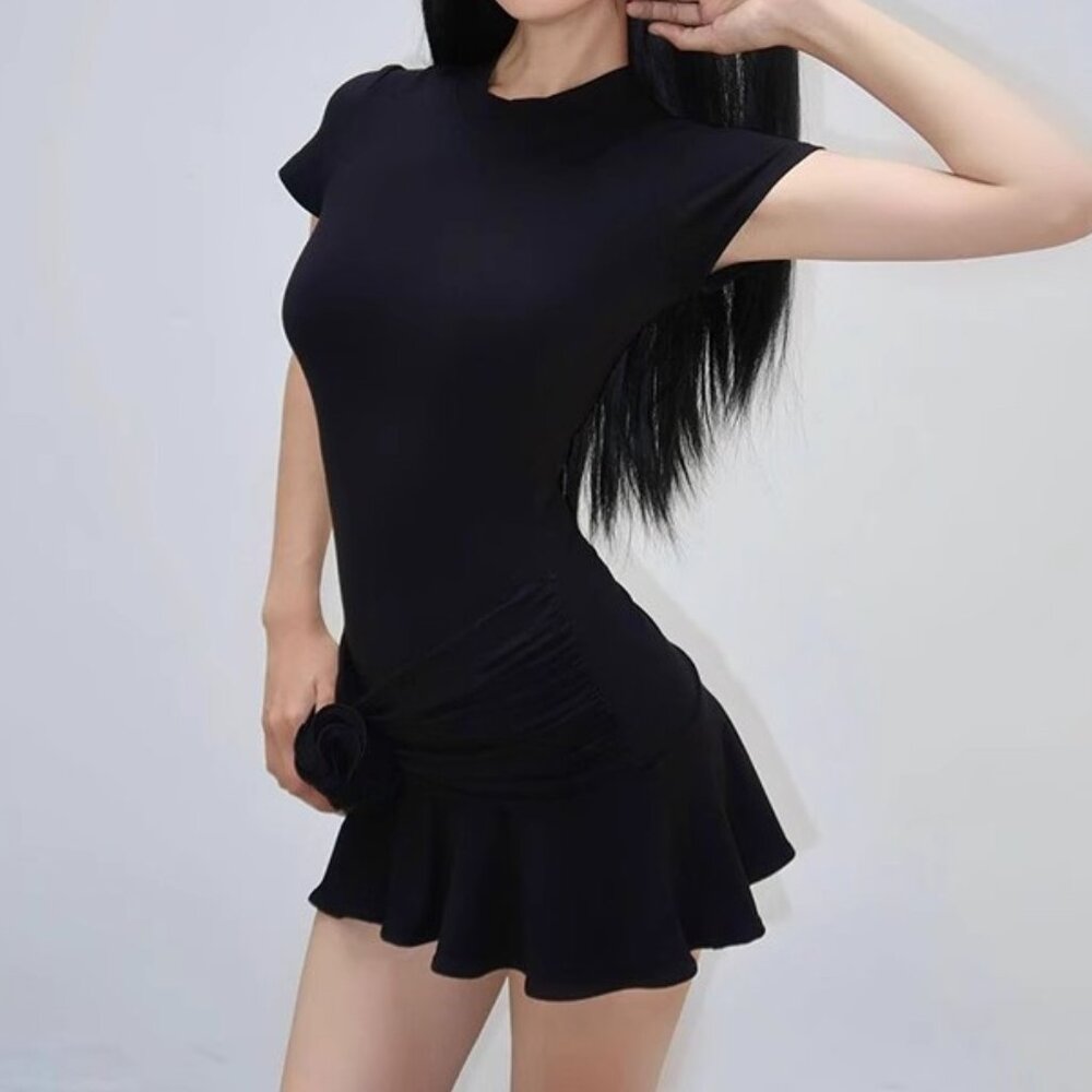 Crew-neck high-waisted elastic slim-fit floral pleated skirt skirt